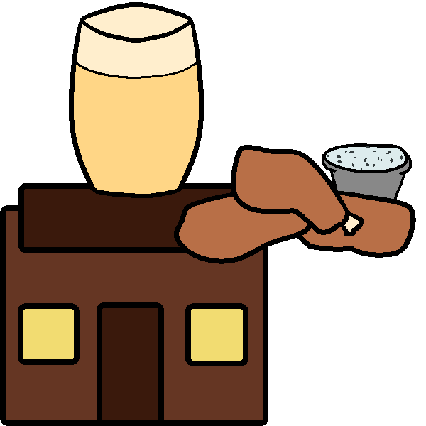 A brown building with yellow windows and a sign on top. Above it is a glass of beer and a pile of chicken wings with a cup of sauce.